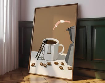 Coffee Diver Poster, Surreal Coffee Wall Art, Minimalist Espresso Print, Trendy Kitchen Wall Decor, Cafe Coffee Lover Gift - Digital File
