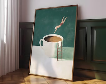 Impresión de Coffee Diver, póster de café de buenos días, arte de pared de espresso, impresiones para amantes del café, póster de cocina de moda, impresión de café: impresión física