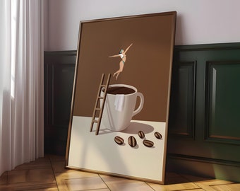 Coffee Diver Wall Art, Surreal Coffee Print, Minimalist Coffee Poster, Kitchen Wall Decor, Espresso Latte Art, Cafe Prints - Digital File