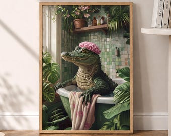 Gator in bad badkamer print, grappige badkamer kunst aan de muur, eclectische Home Decor, alligator kunst aan de muur, eigenzinnige badkamer decor - optioneel frame