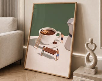 Coffee Adventures Art Print, Surreal Espresso Cup Illustration, Modern Kitchen Wall Art, Espresso Lover Gift Poster - Digital File