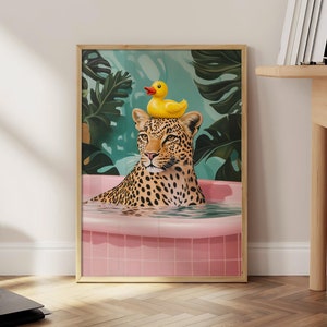 Leopard in Bathtub Print, Leopard with Rubber Duck Poster, Funny Wall Art, Pink Bathroom Prints, Animal Bathroom Poster - Digital File