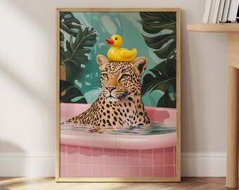May include: A leopard with a yellow rubber duck on its head is sitting in a pink bathtub surrounded by tropical plants. The leopard is looking directly at the viewer.