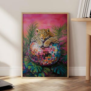 Leopard on Disco Ball Poster, Leopard Wall Art, Maximalist Wall Decor, Jungle Leopard Print, Vibrant Maximalist Prints - Physical Print