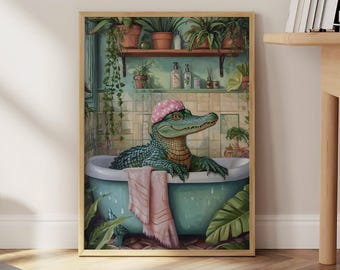 Gator in bad badkamer print, eclectische print, alligator poster, grappige badkamer muur kunst, decor van het huis, alligator muur kunst - digitaal bestand
