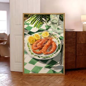 Shrimp Plate Wall Art, Shrimp and Lemons Poster, Vintage Seafood Print, Vintage Dinner Poster, Eclectic Kitchen Wall Art - Digital File