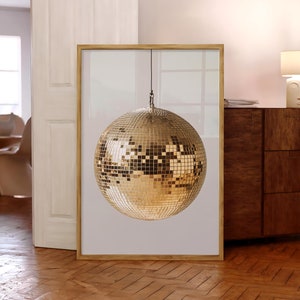 Disco Ball Wall Art, Golden Disco Ball Poster, Mirrorball print, Retro Wall Decor, Vintage 70s Inspired Glamour Prints  - Digital File