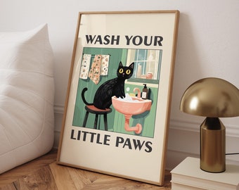 Wash Your Paws Cat Poster, Black Cat Wall Art, Funny Bathroom Print, Humor Wall Art, Washing up Print, Funny Toilet Poster - Optional Frame