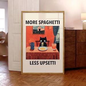 More Spaghetti Less Upsetti Cat Poster, Italian Kitchen Print, Funny Black Cat Wall Art, Retro Diner Poster, Pasta Print - Digital File