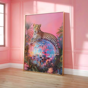 Leopard on Disco Ball Poster, Leopard Wall Art, Maximalist Wall Decor, Jungle Leopard Print, Vibrant Maximalist Prints - Digital File