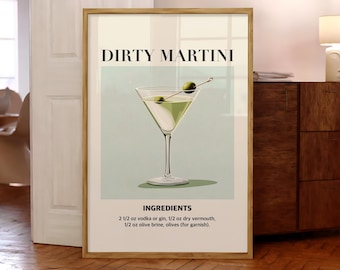 Dirty Martini Cocktail Print, Trendy Drink Art, Retro Kitchen Print, Party Drink Wall Art, Cocktail Poster, Bar Cart Poster - Optional Frame