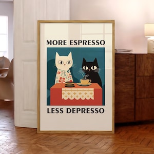 More Espresso Less Depresso ポスター、キッチン ウォール アート、おもしろい黒猫プリント、レトロなコーヒー猫ポスター、コーヒー バー ウォール アート - 物理プリント