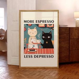 More Espresso Less Depresso ポスター、キッチン ウォール アート、おもしろい黒猫プリント、レトロなコーヒー猫ポスター、コーヒー バー ウォール アート - 物理プリント