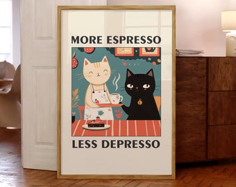 More Espresso Less Depresso Poster, Retro Coffee Cat Poster, Coffee Bar Wall Art, Funny Black Cat Print, Kitchen Wall Art - Optional Frame