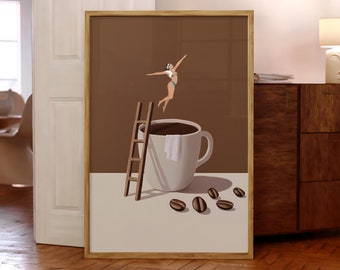 Coffee Diver Wall Art, Surreal Coffee Print, Minimalist Coffee Poster, Kitchen Wall Decor, Espresso Latte Art, Cafe Prints - Optional Frame