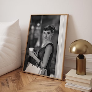 Audrey Hepburn Shopping Poster, Audrey Hepburn Coffee Print, Vintage Fashion Wall Art, Retro Hollywood Photo Poster - Physical Print