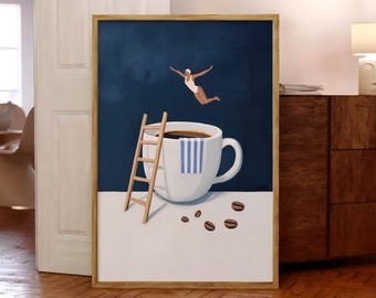 Impresión de Coffee Diver, póster de café de buenos días, arte de pared de espresso, impresiones para amantes del café, póster de cocina de moda, impresión de café: impresión física