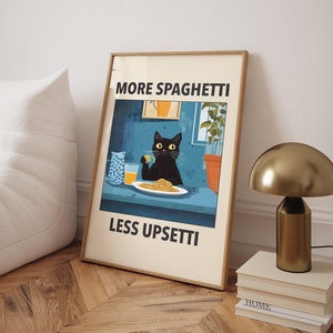 More Spaghetti Less Upsetti Cat Poster, Italian Kitchen Print, Funny Black Cat Wall Art, Retro Diner Poster, Pasta Print - Digital File