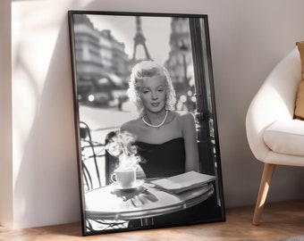 Marilyn Monroe Paris Café Poster, Schwarzweißdrucke, Retro Hollywood Wandkunst, Wandkunst, Marilyn Monroe Vintage Druck - Digitale Datei