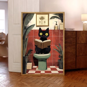 Funny Bathroom Cat Print, Black Cat Print, Funny Toilet Wall Art, Pink Toilet Poster, Pooping Wall Art, Cat Lover Gift Art - Physical Print