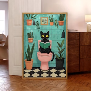 Funny Bathroom Cat Print, Black Cat Print, Funny Toilet Wall Art, Pink Toilet Poster, Pooping Wall Art, Cat Lover Gift Art - Physical Print