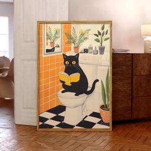 Funny Bathroom Cat Print, Black Cat Print, Funny Toilet Wall Art, Pink Toilet Poster, Pooping Wall Art, Cat Lover Gift Art - Physical Print