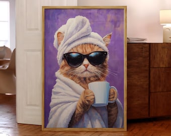 Cat Drinking Coffee Poster, Dopamine Eclectic Poster Art, Maximalist Wall Decor, Pink Cat Print, Cat Wall Art - Digital File
