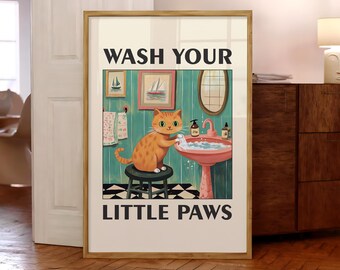 Wash Your Paws Cat Poster, Washing up Print, Humor Wall Art, Orange Cat Wall Art, Funny Toilet Poster, Funny Bathroom Print - Optional Frame
