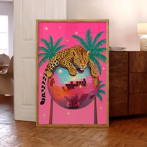 Leopard on Disco Ball Poster, Leopard Wall Art, Maximalist Wall Decor, Jungle Leopard Print, Vibrant Maximalist Prints - Physical Print