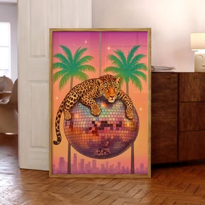 Leopard on Disco Ball Poster, Leopard Wall Art, Maximalist Wall Decor, Jungle Leopard Print, Vibrant Maximalist Prints - Physical Print