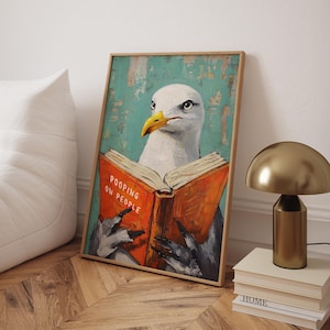 Impression drôle de salle de bain, mouette faisant caca sur une affiche de livre de personnes, art mural toilettes drôle, décoration murale de salle de bain, impressions humoristiques - fichier numérique