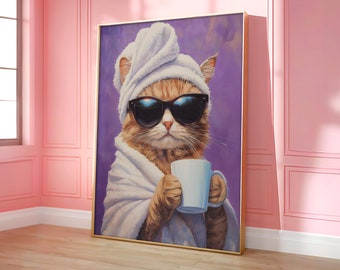 Cat Drinking Coffee Poster, Pink Cat Print, Dopamine Eclectic Poster Art, Cat Wall Art, Maximalist Wall Decor - Optional Frame