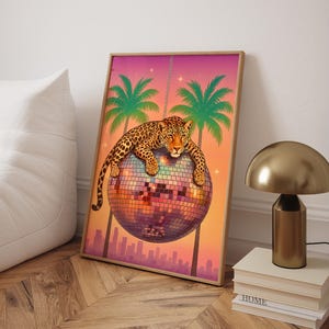 Leopard on Disco Ball Poster, Leopard Wall Art, Maximalist Wall Decor, Jungle Leopard Print, Vibrant Maximalist Prints - Digital File