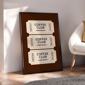 Coffee Club Ticket Druck, Kaffee Poster, Vintage Kaffee Kunst, Kaffee-Liebhaber Geschenk, Trendy Küchen Poster, Kaffee Wandkunst - Physischer Druck
