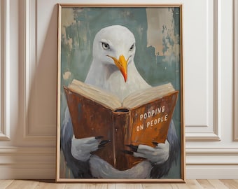 Lustiger Badezimmer Druck, Badezimmer Wand Dekor, Möwe kackt auf Menschen Buch Poster, humorvolle Drucke, lustige Toiletten Wand Kunst - optionaler Rahmen