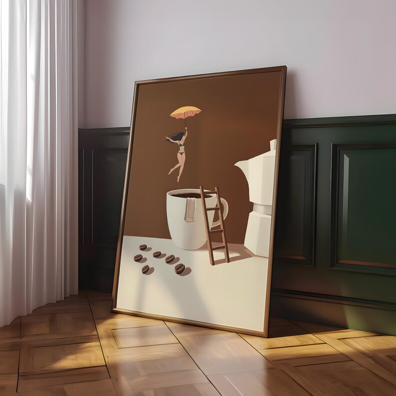 May include: Framed art print featuring a whimsical coffee-themed illustration. A woman with an umbrella floats above a coffee cup. A small ladder leans against the cup, with coffee beans scattered below. A white coffee maker is also in the image.