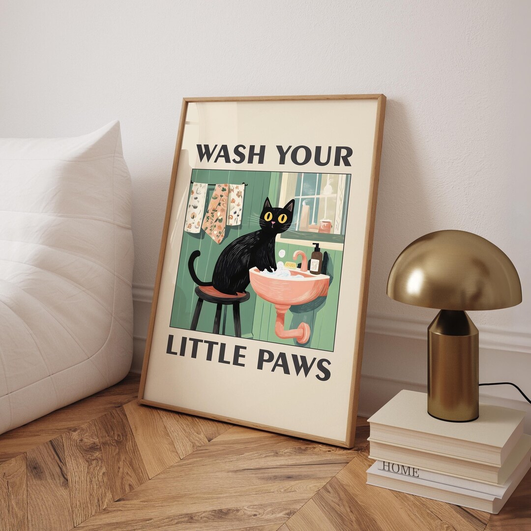 Wash Your Paws Cat Poster, Black Cat Wall Art, Funny Bathroom Print ...