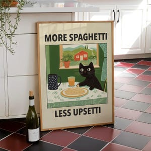 More Spaghetti Less Upsetti Cat Poster, Italian Kitchen Print, Funny Black Cat Wall Art, Retro Diner Poster, Pasta Print - Digital File