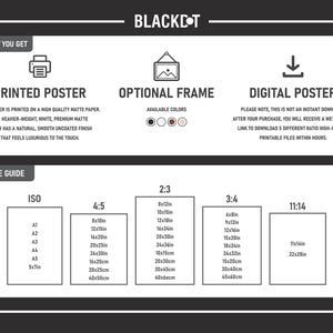 May include: A black and white informational graphic titled BLACKDOT detailing product options including a printed poster on matte paper, an optional frame in four colours, and a digital poster. A size guide lists dimensions in inches for ISO, 4:5, 2:3, 3:4, and 11:14 ratios.