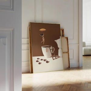 May include: A framed art print depicts a whimsical coffee-themed scene. A woman with an umbrella floats above a large coffee cup, with a ladder and coffee beans. The artwork has a brown and white color scheme.