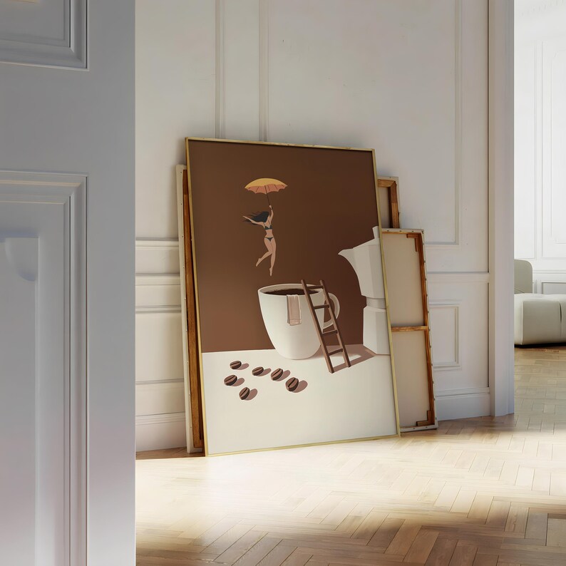 May include: A framed art print depicts a whimsical coffee-themed scene. A woman with an umbrella floats above a large coffee cup, with a ladder and coffee beans. The artwork has a brown and white color scheme.