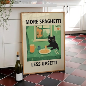 More Spaghetti Less Upsetti Cat Poster, Italian Kitchen Print, Funny Black Cat Wall Art, Retro Diner Poster, Pasta Print - Digital File