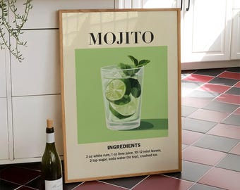 Stampa di cocktail Mojito, arte murale di tendenza per drink, arte murale per drink da festa, poster di cocktail, stampa da cucina retrò, poster per carrello bar - File digitale