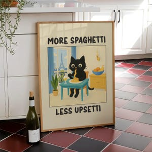 More Spaghetti Less Upsetti Cat Poster, Italian Kitchen Print, Funny Black Cat Wall Art, Retro Diner Poster, Pasta Print - Digital File