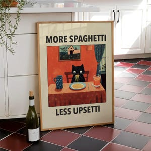 More Spaghetti Less Upsetti Cat Poster, Italian Kitchen Print, Funny Black Cat Wall Art, Retro Diner Poster, Pasta Print - Physical Print