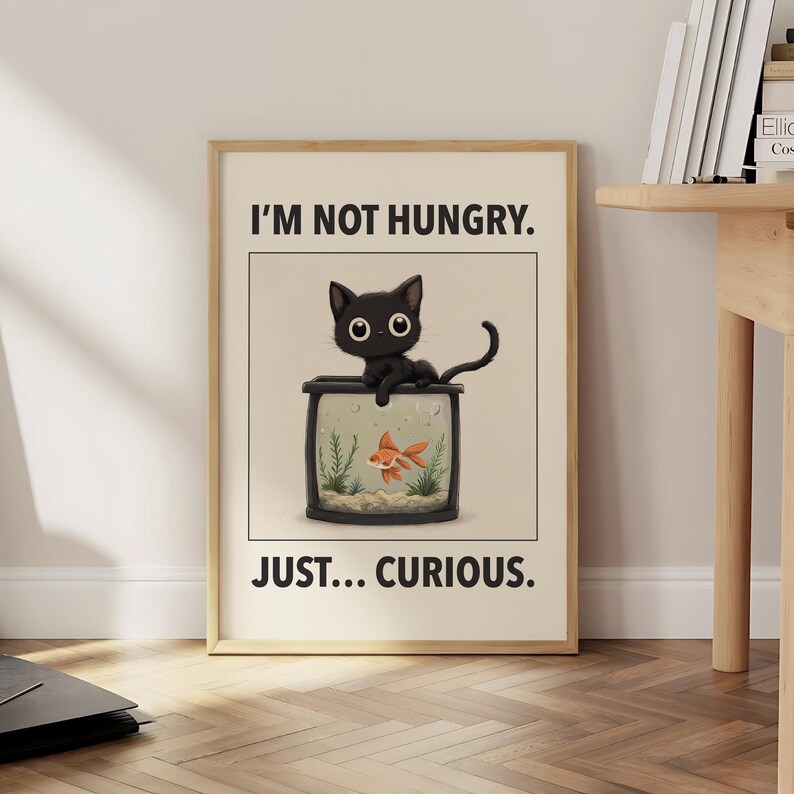 Funny Cat and Fish Tank Poster, Cute Black Cat Goldfish Print, Playful ...