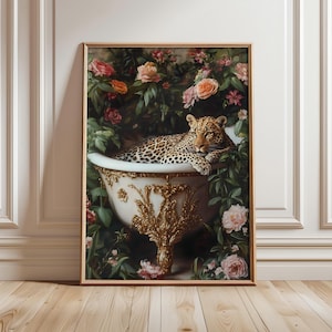 Leopard in Bathtub Print, Cheetah Bathroom Poster, Jungle Wall Art, Pink Bathtub Prints, Animal Bathroom Poster, Wall Art - Digital File