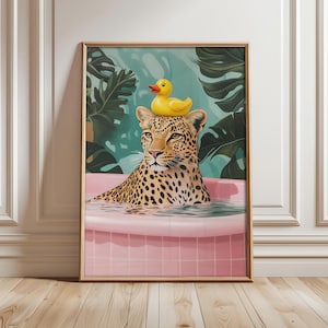 Leopard in Bathtub Print, Leopard with Rubber Duck Poster, Funny Wall Art, Pink Bathroom Prints, Animal Bathroom Poster - Physical Print