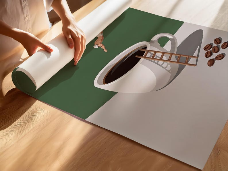May include: A large poster print featuring a surreal graphic illustration of a white coffee cup filled with dark liquid, a wooden ladder leaning into the cup, a small figure diving into the coffee, and several scattered brown coffee beans.