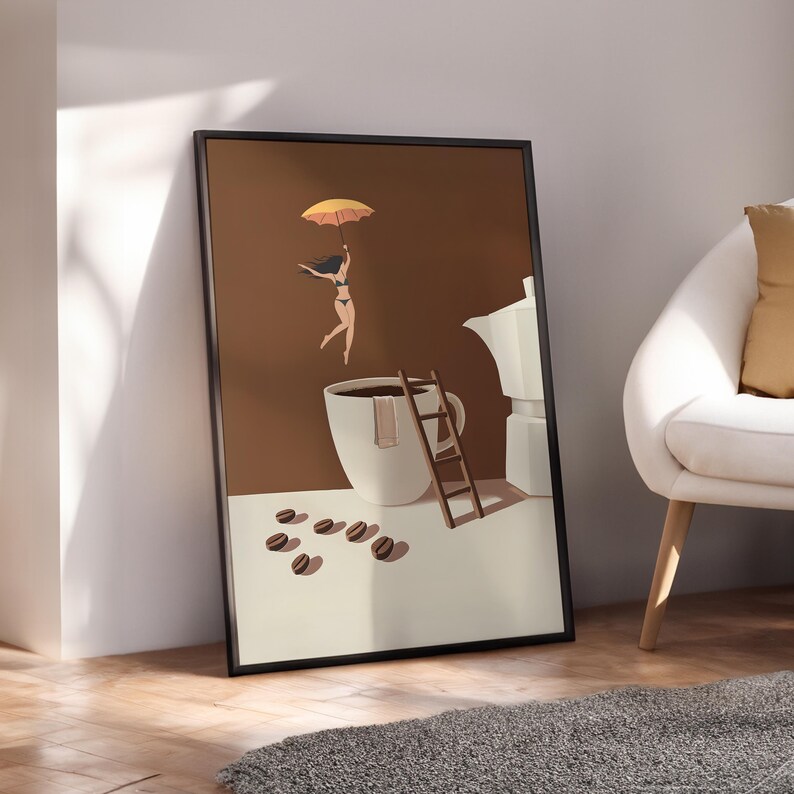 May include: Framed art print featuring a whimsical coffee-themed illustration. A woman with an umbrella floats above a coffee cup, with a ladder and coffee beans. The artwork has a brown and white color scheme, with a black frame.